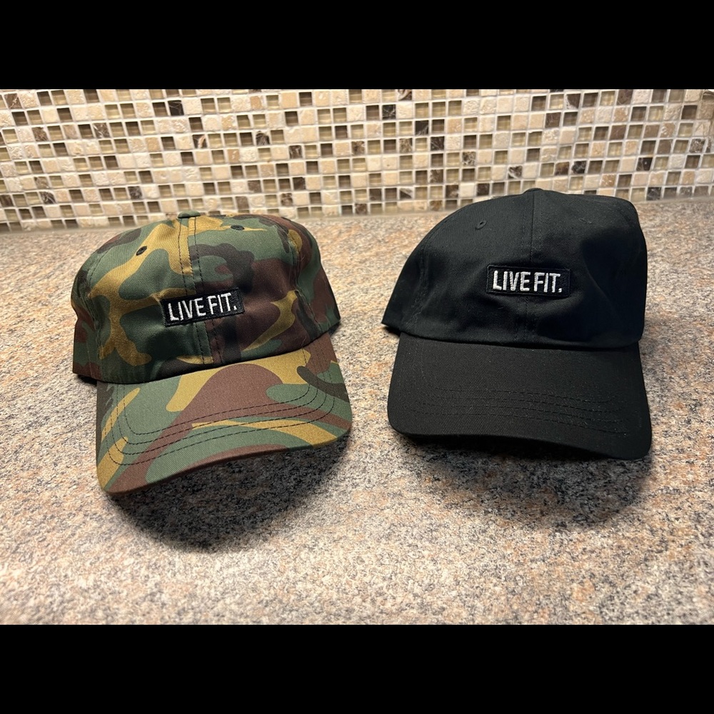 PAIR of LIVE FIT ‘Dad Hats’ - NWOT - Adjustable - Camo & Black